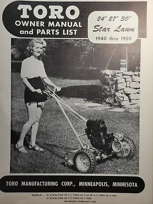 TORO 24 27 30 Star Lawn 1940 Thr 1950 Walk-Behind Reel Mower Owner &Parts Manual • $93.40