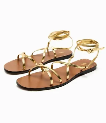 $30 • Buy Zara Womens Tied Wrap Up Strappy Flat Sandals Gold Size 39 - Used