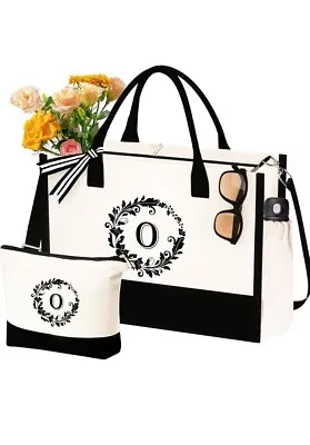 Canvas Tote Bag W Matching Makeup Bag Monogram Initial Letter O Beach Bag • $22.95