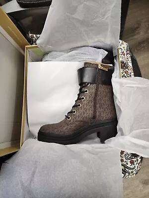 Beautiful MICHAEL KORS Rory Signature  Brown Black Combat Lug Boots New • $89