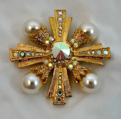 Vintage Faux Pearl Rhinestone Maltese Cross Brooch Pin AS IS MISSING STONES • $14.98