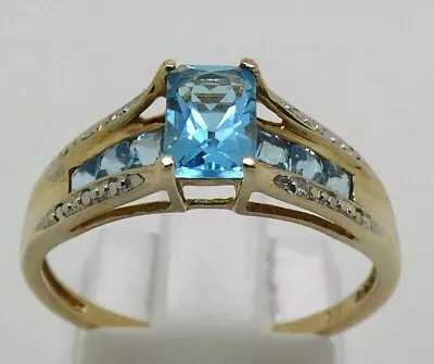 Solid 9ct Yellow Gold Diamond & Blue Topaz Dress Ring - Size O • $186
