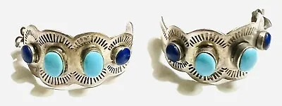 Vtg SOUTHWEST STERLING SILVER TURQUOISE LAPIS STAMPED EARRINGS  NICE! • $40.80