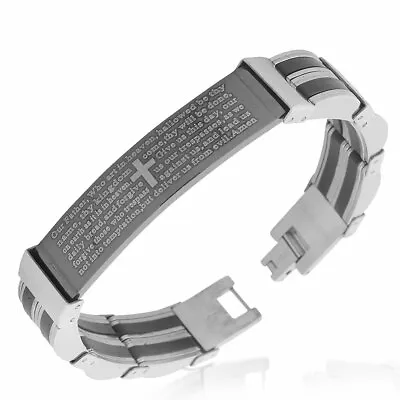 Stainless Steel Black Silver-Tone Lords Prayer In English Mens Link Bracelet • £19.28