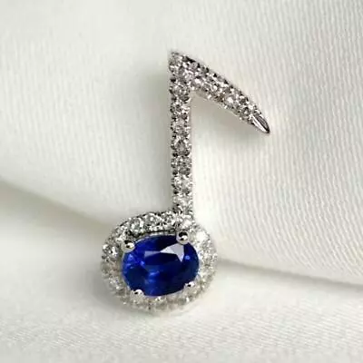 3CT Oval Cut Blue Sapphire Music Key Pendant Necklace 14k White Gold Finish • $44.74