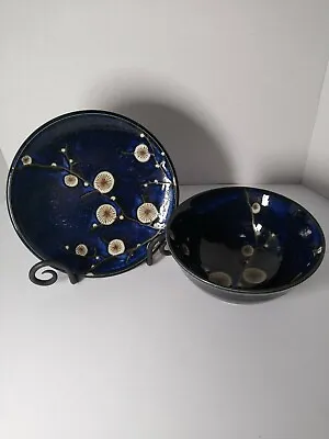 World Market Cobalt Blue Cherry Blossom 7.5  Plate & 6 Bowl 2 Piece Japan READ • $16