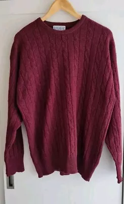 Men's Wool Jumper JAMES MEADE Lambswool Burgandy Cable Knit Crew Neck Large • £12