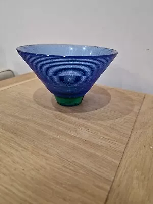 Vintage Hadeland Blue Ribbed Glass Bowl With Green Base 9cm Tall X 15cm Across • £20