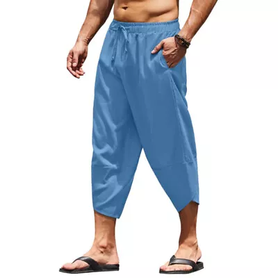 Mens Cotton Linen Casual Beach Shorts Solid Color Loose Drawstring Capri Pants • $19.02