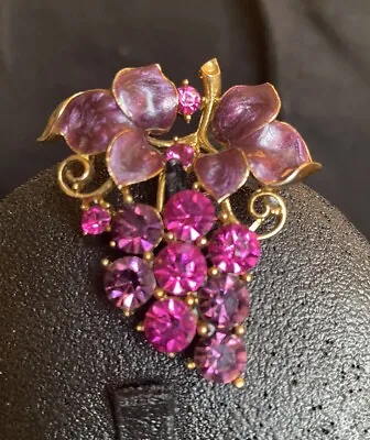 Vintage M Jent Signed Purple Pink Rhinestones Grape Vine Gold Tone Enamel Brooch • $40