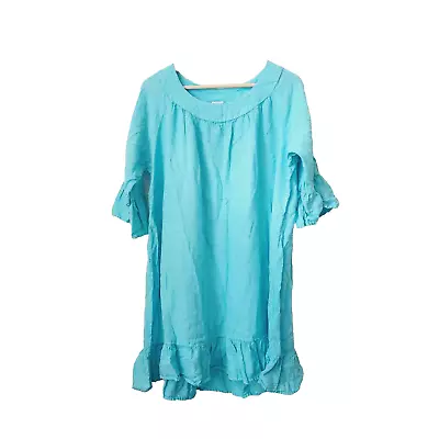 Match Point Aqua Linen 3/4 Sleeve Ruffle Dress Tunic Top Summer L Lagenlook • $14.98