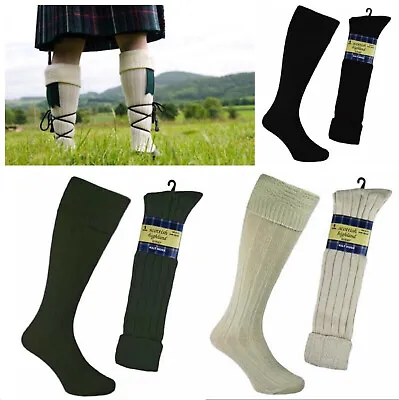Pair Mens Wool Blend Scottish Highland Kilt Hose Socks Size 6-11 CREAM GREEN • £5.29