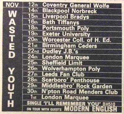 Wasted Youth - Gig Advert - Uk Tour - November 1980 • £1.99