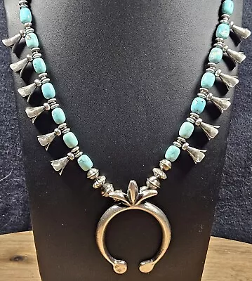 Sterling NAVAJO PEARL Squash Blossom SIGNED Naja Turquoise Bead Necklace VTG 22  • $97