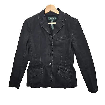 RALPH LAUREN LRL Denim Blazer Womens Black Jean Jacket Stretch Size 2 • $40