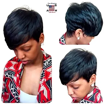 Short Pixie Cut Black Straight Human Daily Hair Wigs Natural Full Wig Summer USA • $11.87