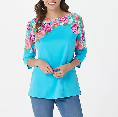 Quacker Factory Size 2X French Blue Life Is Rosey Printed And Sparkle Top • $22.99