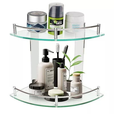 Clear Glass Corner Shelf 2 Layer Wall Mounted Storage Rack Shower Caddy Bathroom • £11.99