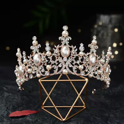 £39.91 • Buy Rose Gold Crown/tiara With Clear Crystals & White Pearls, Bridal Or Racing