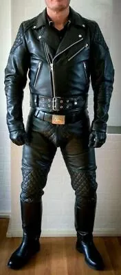 Mens Real Cowhide Leather Bikers Motorcycle Quilted BLUF Pants Causal Wear • $109.99