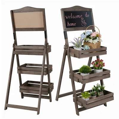 Folding Ladder 3 Tier Plant Stand Garden Flower Pot Holder Shelf With Chalkboard • £31.97