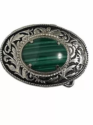 Vintage Cowboy-Style Silver Tone Belt Buckle W/Green Striped Oval Color Center • $9.99