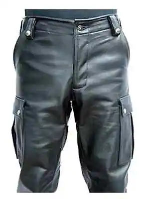 Men's Real Leather Pants Biker Trousers Leather Black Soft Cargo Pockets Pants • £79.99