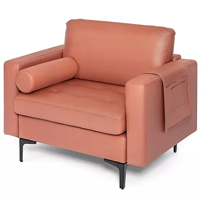 Modern Accent Armchair Single Sofa W/Side Storage Pocket & Bolster Coral Pink • $179.99