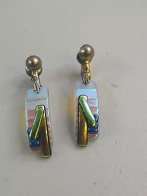 Vintage Iridescent Art Glass Dangle Earrings Clip  • $7.99