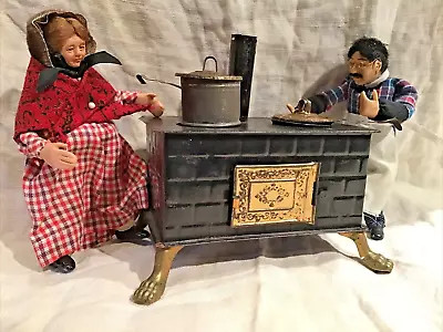 Antique C 1880 Tin Dollhouse Stove W Pots & Man And Woman Baker Dolls Exc Cond • $149.99