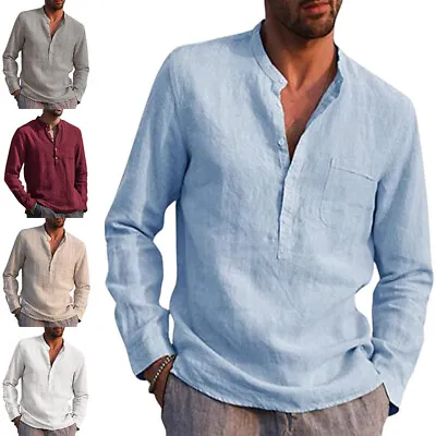 £12.99 • Buy Mens Cotton Linen Long Sleeve Henley Shirt Casual Baggy Button-up Tops T Shirt