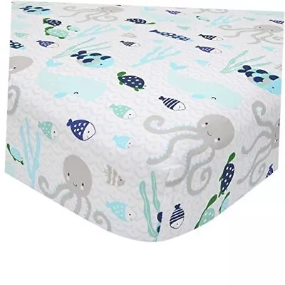  Oceania 100% Cotton Fitted Crib Sheet - White With Blue Nautical/Aquatic Fish  • $46.13