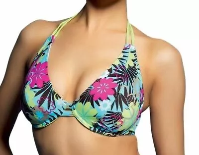 Freya Bikini Top Moonflower Oasis Green 36D Underwired Plunge Halter Bra 9916 • £6.99