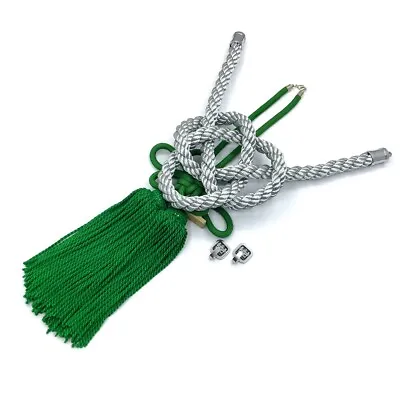 A Set JDM JP Fusa Green Kiku Knot Silver Tsuna Rope For Rearview Mirror Charms • $24.99