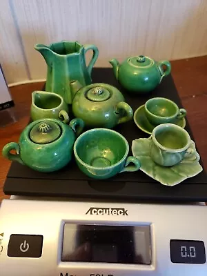 Vintage  Lot  Miniature Tea Set Green Clay Pottery 13 Pieces • $10