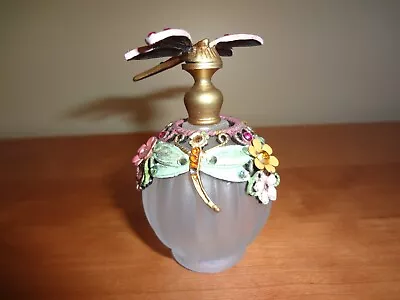 VTG Czech Republic Empty Perfume Bottle W/Dragonfly Floral Design Gems & Stopper • $40