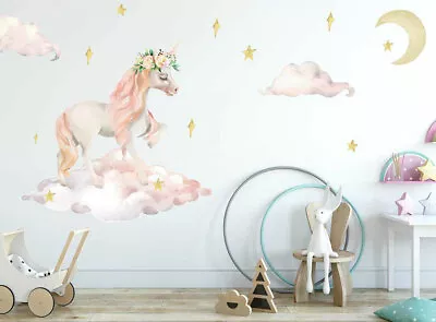 Dreaming Unicorn Wall Stickers Floral Nursery Decal Baby Cot Decor Kid Art Mural • £17.25