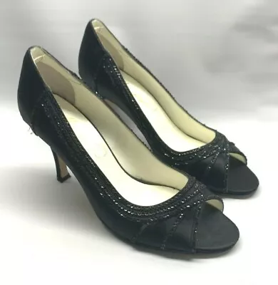 Michaelangelo Women's Size 8.5 B Black Satin Sequins Dress Pumps Open Toe Shoes • $24.95