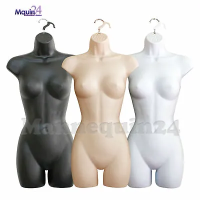 $73.40 • Buy 3 Color Combo White Flesh Black Female Torso Body Form Mannequins + 3 HANGERS 
