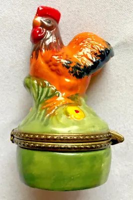 Hinged Ceramic Trinket Box Rooster Farm Country Orange Brown Red Green Yellow 3  • $9.99