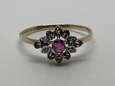 £94 • Buy 9ct 375 Yellow Gold Diamond And Ruby Flower Ring Size P 