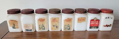 8 Vintage 1940s Dove White Milk Glass Spice Jars W/ Red Metal Lids  • $40