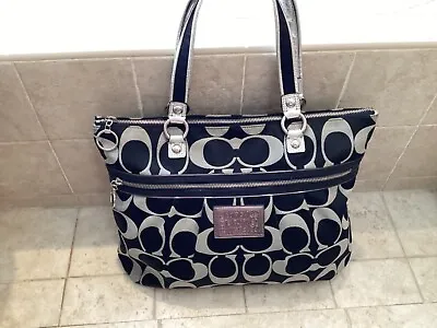 Coach Poppy Glam Signature Tote Bag Purse 15316 Black Gray Silver • $79.99