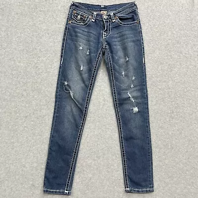 True Religion Johnny Super T Distressed Straight Blue Jean Womens 26x31 Low Rise • $13.54