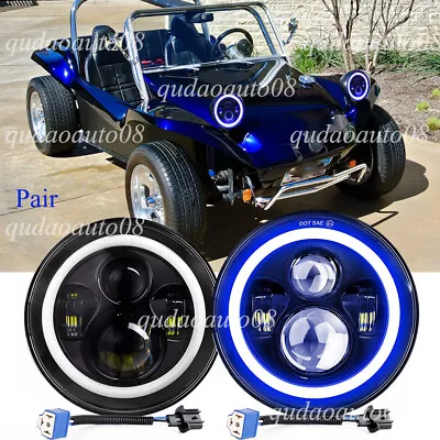 Pair 7'' Round LED Headlights Hi/Lo Beam Blue DRL Fit VW Dune Buggy / Rail Buggy • $52.26