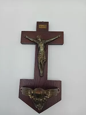 A Large Old Wood And Brass Wall Mounted Christianity Crucifix  • £18