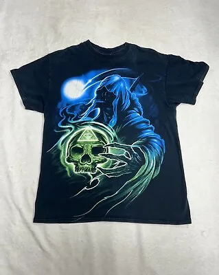 Vtg Y2K Grim Reaper Skull Gothic Illuminate Black Graphic T-Shirt Size Medium • $15.99