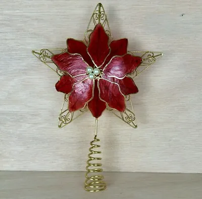 Capiz Shell Christmas Tree Topper Star Red Poinsettia Holiday Time Decoration • $29.99