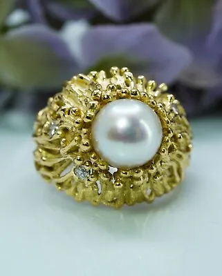 Swiss Vintage Pearl Diamond Ring 18K Gold HEAVY Swissmade Organic Marine Estate • $1499