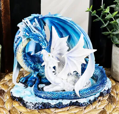 Light Blue Dragon Mom With White Baby Statue Figurine 7  Long Fantasy Decor • $44.99